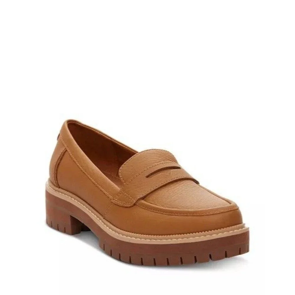 TOMS Cara Slip On Lug Platform Penny Loafers Flats Leather Camel Brown Size 9.5 - Picture 3 of 14